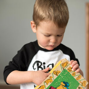 Photo of a young boy searching the contents of an old toy box.