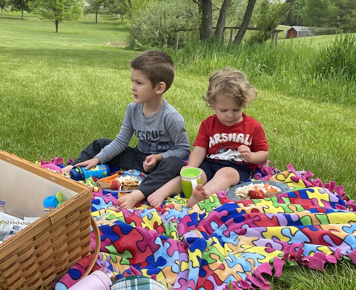 A New Chapter Blog featured image. Photo of Jessie's sons eating lunch on a picnic blanket.