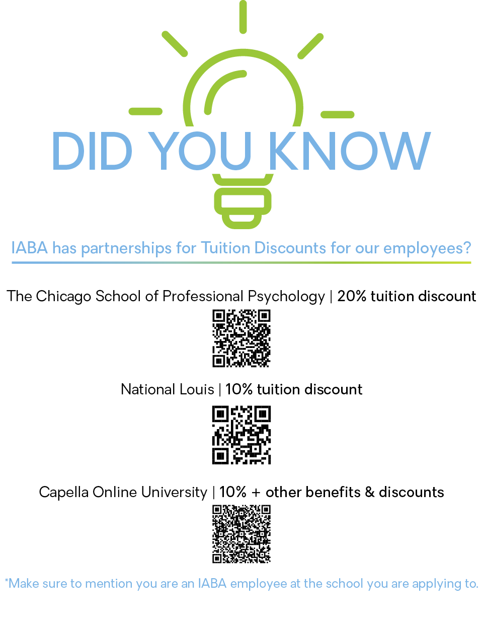 IABA Tuition Discount image. QR codes included to scan for more information.