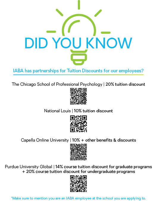 IABA Tuition Discount image. QR codes included to scan for more information.