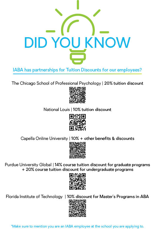 IABA Tuition Discount image. QR codes included to scan for more information.